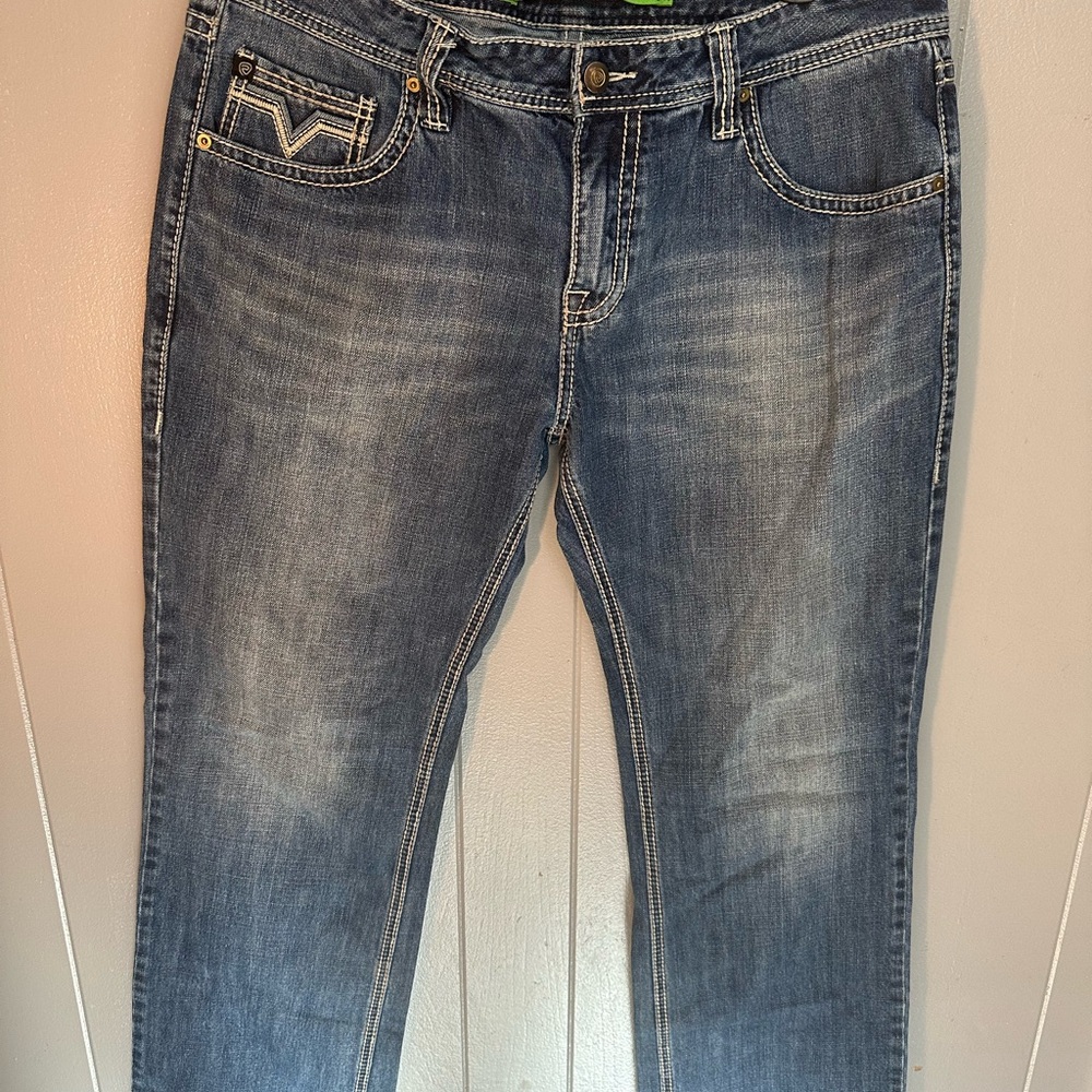 Rock & roll denim pistol straight Blue Relaxed Jeans with Vintage Fading 38x36
